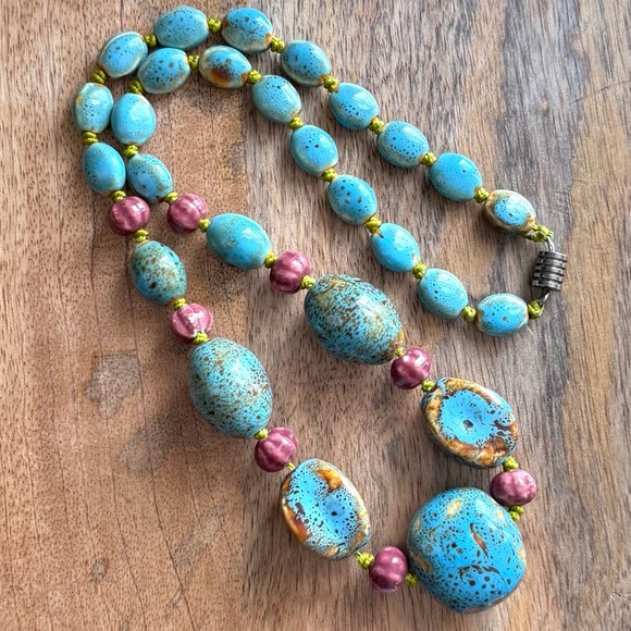 Artisan Crafted Jewelry - Vintage Artisan Ceramic Bead Statement Necklace Turquoise Speckled 26” Inch